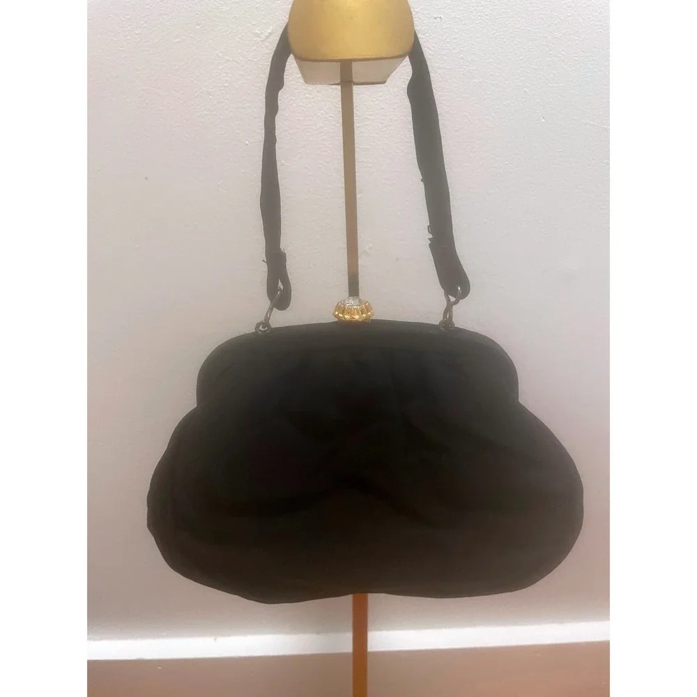 Vintage Black Faille Evening Bag Gold Rhinestone Kiss Lock Pleated Handbag